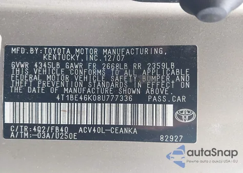 2008 Toyota Camry Le z USA, uszkodzony, nr VIN 4T1BE46K08U777336